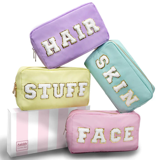 Large Preppy Makeup Bag - 4 Pieces - Chenille Letter Bag - Zipper Nylon Bags for Women and Girls Preppy Bags - Stuff Bag Skin Bag Hair Bag Face Bag - Pastel Colors (Pink Purple Teal & Yellow)