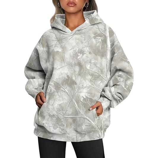 Oversized Camo Hoodie - Trendy Maple Leaf Print Sweatshirt